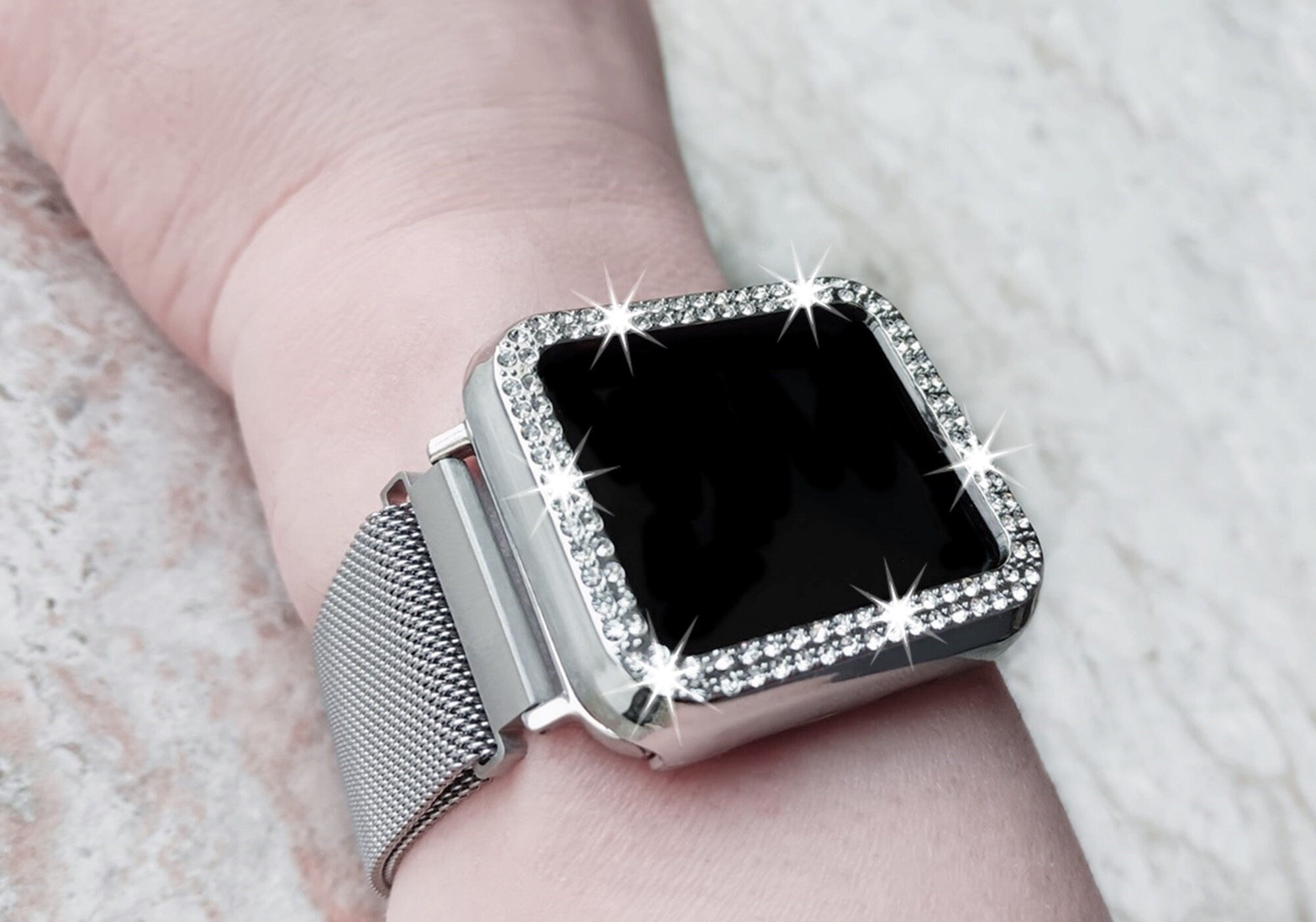 Apple Watch Silver Color Band Kit Crystal Case Bezel Cover for Ultra 9 2 8 7 SE 6 5 4 3 2 49mm 45mm 44mm 42mm 41mm 40mm 38mm Strap Milanese